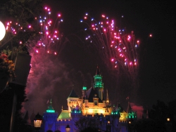Fireworks exploding over Sleeping Beauty Castle